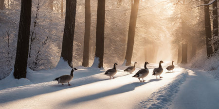 Group of geese on a path in the winter forest at sunsetの素材
