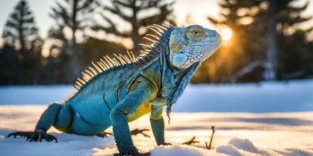 Blue iguana on the snow in the winter forest at sunset.の素材