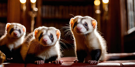 Group of three ferrets sitting on a sofa in a library.の素材