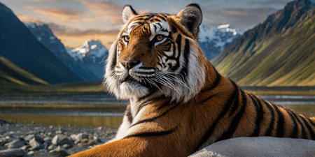 Siberian Tiger on the background of mountains and lake at sunset.の素材