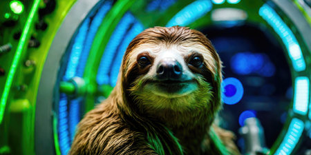 Portrait of a cute baby sloth on a green background.の素材