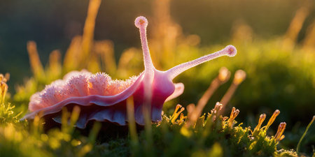 Snail on a green grass in the rays of the setting sunの素材