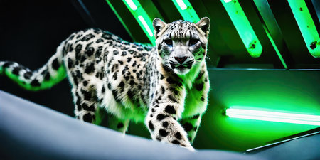 Beautiful leopard in the light of a neon lamp. Studio shotの素材