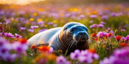Sea lion lying on the flower meadow at sunset. Animal in nature.の素材