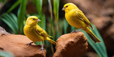 Couple of Yellow canary bird sitting on a rock in gardenの素材
