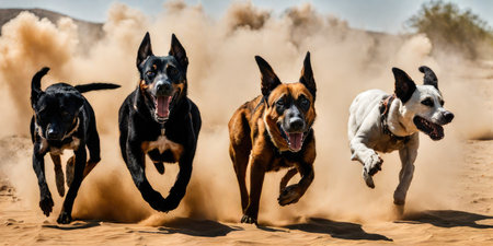 Group of four dogs running in the sand, motion blur effect.の素材