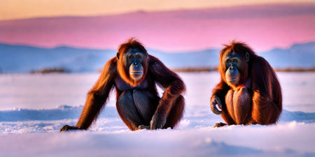 Two Orangutan sitting on the snow in the sunset light.の素材