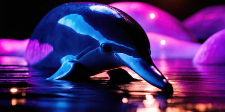 Dolphin in the water, illuminated by led lights. Close up.の素材