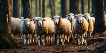 Flock of sheep in the forest. Shallow depth of field.の素材