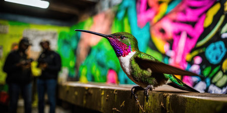 Beautiful hummingbird with colorful graffiti background. Wildlife scene from tropics.の素材