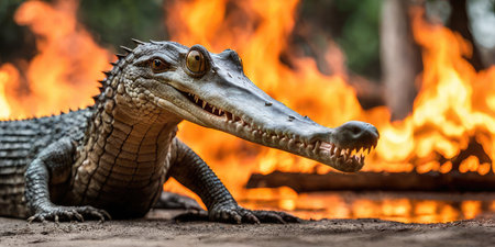 Crocodile in front of a fire in the forest.の素材