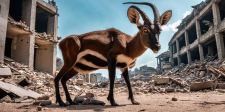Kazakh goat in the ruins of a very heavily polluted industrial factoryの素材