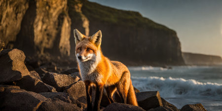 Red fox (Vulpes vulpes) at sunset on the beach in Cornwallの素材