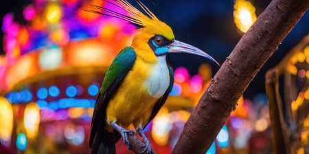 Colorful bird on the perch in the park at night.の素材