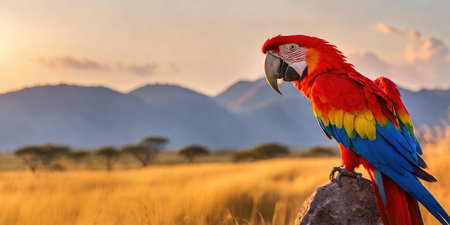 Scarlet macaw sitting on a rock in the savannah at sunsetの素材