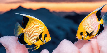 Tropical fish on the coral reef with sunset sky background.の素材