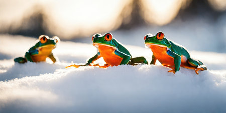 Frogs on white snow in winter. Wildlife scene from nature.の素材