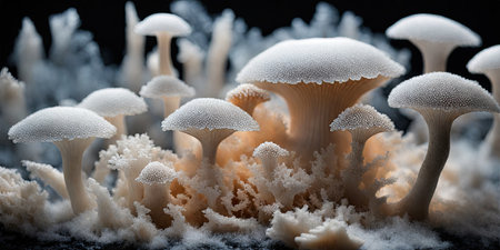 Close up view of a group of white mushrooms growing in the snow.の素材
