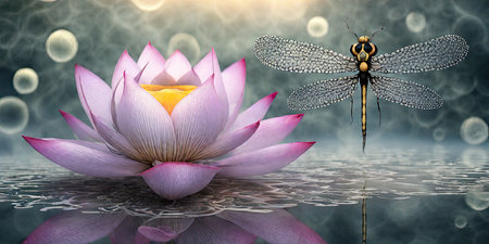 Dragonfly and lotus flower on the water with bokeh backgroundの素材