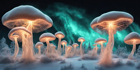 Fantasy mushrooms in winter forest. 3d illustration. Elements of this image furnished by NASAの素材