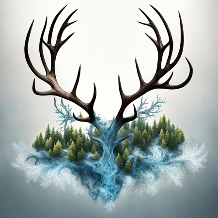 Mountain landscape with forest and deer antlers. Vector illustration.の素材