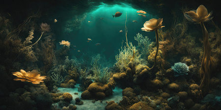 Underwater scene with fishes and algae. 3d render illustration.の素材