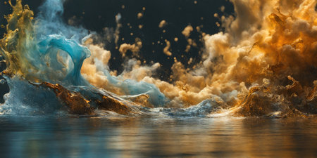 Fiery explosion on the surface of the water. 3d renderingの素材