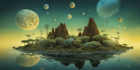 Fantasy alien planet. Mountain and moon. 3D illustration.の素材