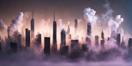 Foggy cityscape with smoking skyscrapers. 3D renderingの素材