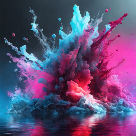 Colorful paint splashes isolated on black background. 3D renderingの素材