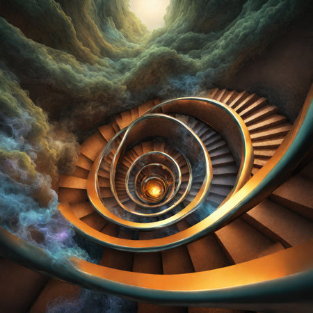 Spiral stairs in the dark mysterious space. 3D renderingの素材