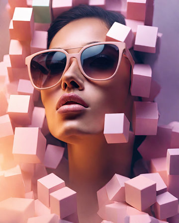Fashion portrait of a beautiful woman in sunglasses with pink geometric background.の素材