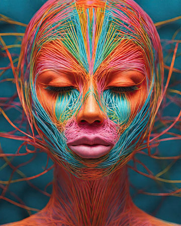 3d rendering of a female face with colorful strands on her hairの素材