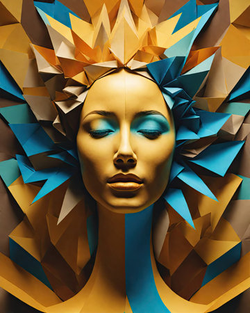 Face of a beautiful woman made of colored paper. 3d renderingの素材
