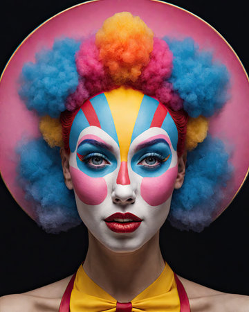 Portrait of a young woman with clown makeup and colorful smoke.の素材