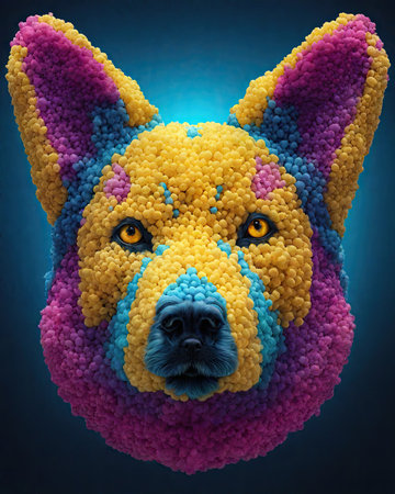 Dog made of colorful plastic beads, 3d rendering. Computer digital drawing.の素材