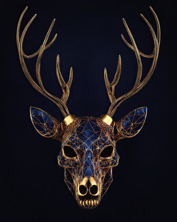 3d illustration of a golden skull with antlers on a dark backgroundの素材