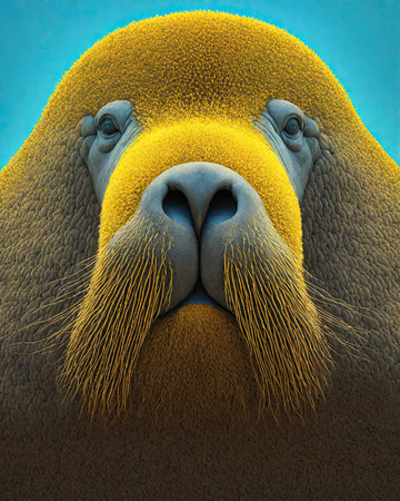 Close-up of the face of a walrus on a blue backgroundの素材