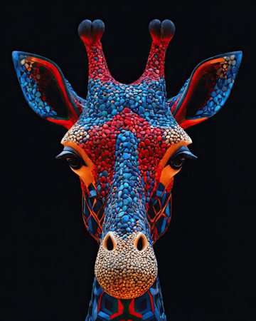 Giraffe head made of colorful glass on black background. 3d illustrationの素材