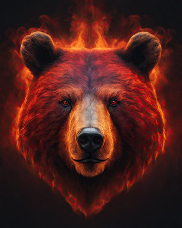 Brown bear in the fire. Collage of a wild animal.の素材