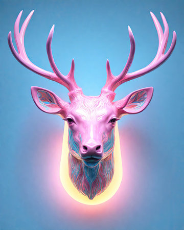 Deer head isolated on blue background. 3D rendering. Neon effect.の素材