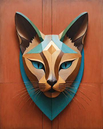 Face of a cat made of paper on a wooden wall. 3d renderingの素材