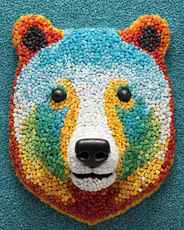 Polar bear made of colorful pebbles on a blue backgroundの素材