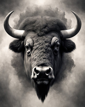 Portrait of a powerful bull with big horns in a smoke.の素材