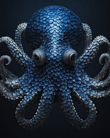 Blue octopus isolated on black background. 3d render illustration.の素材