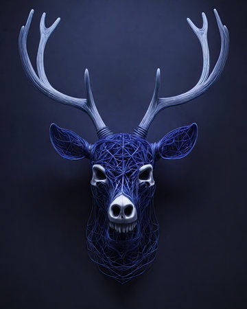 Deer head with blue threads on dark background. 3d illustrationの素材