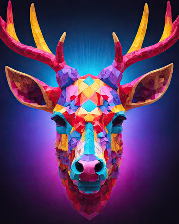 Abstract colorful low poly deer head on a dark background with rays of lightの素材