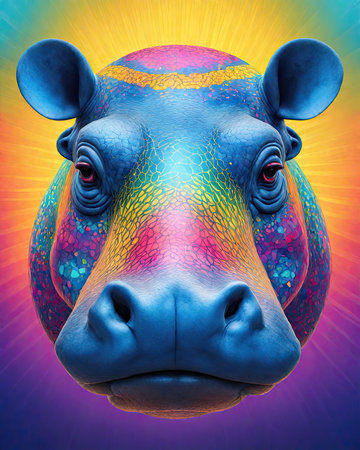 Head of a hippopotamus with an abstract rainbow colored background.の素材