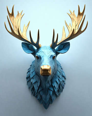 Deer head with golden antlers on blue background. 3D renderingの素材