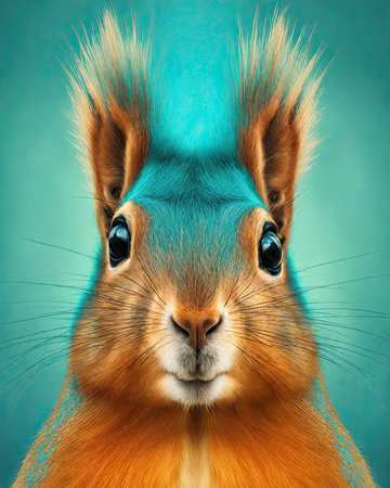 Portrait of a red squirrel with blue eyes on a blue backgroundの素材